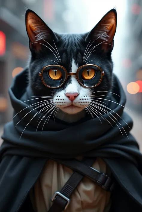  Un chat, grand, noir et blanc, yeux marrons, moustaches brunes, porte une capuche, dans lunivers star wars, réaliste, lunettes