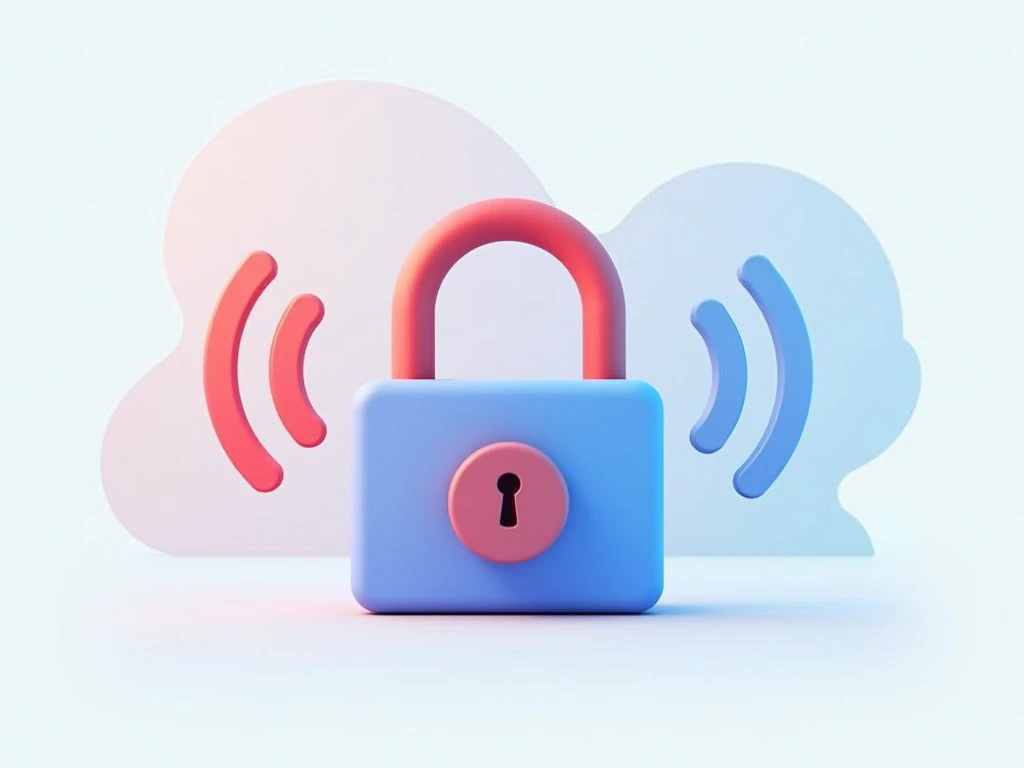  A minimalist illustration of a stylized padlock in pastel blue and red, emitting curved lines that symbolize vibration . The design is clean and abstract ,  with a background of soft shapes in pastel colors ,  creating a modern environment focused on the ...