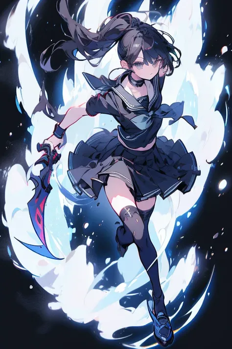 Black hair, gray eyes, ponytail, blue seifuku, stockings, shoes, wielding a knife