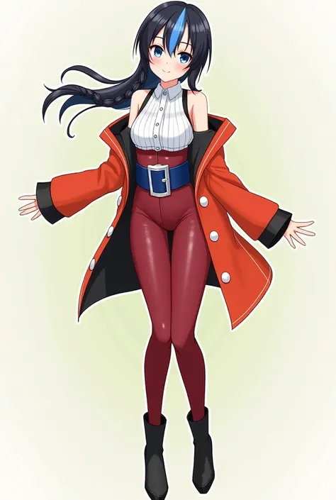 1; Full body; Female; Anime; Body Type: Adult, Lean; Bust Size: Medium; Hair Length: Long; Hair color: Black (#1A1B19) with blue (#001833) ombre, White (#FFFFFF) streak in forelocks; Hairstyle: Low, over the shoulder fishtail braid; Outfit: An off-shoulder...