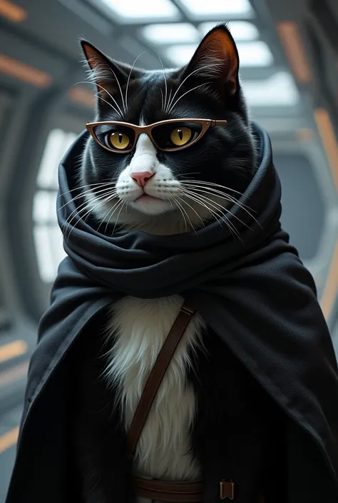  Un chat, grand, noir et blanc, yeux marrons, moustaches brunes, porte une capuche, dans lunivers star wars, réaliste, lunettes, dans un vaisseau spatial 