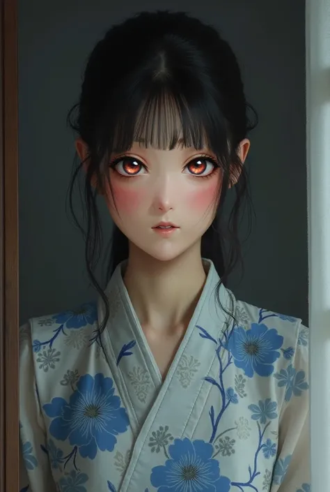 a woman, asian,, bangs, hazelnut eye color, dress with details in the print with blue flowers and gray background, sad face, {{well-made details}} {{house setting}}