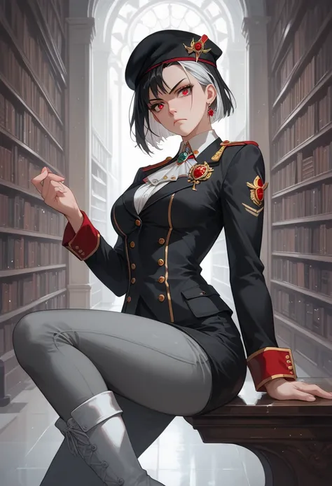 1girl, pale skin, black hair, white bangs, multicolored hair, very short hair, medium breasts, red eyes, black uniform, militar uniform, black beret, grey pants, white boots, serious expression, library background, alchemist, spider brooch, silver brooch, ...