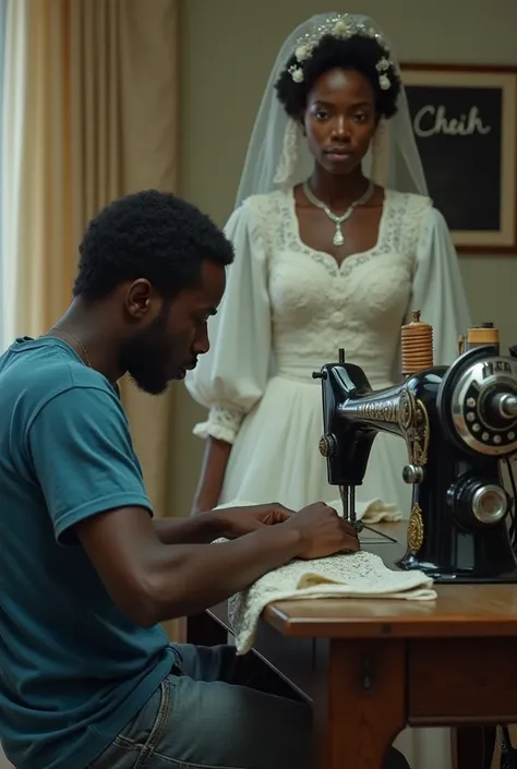 Une affiche de film : Un pauvre couturier noir assis devant sa machine à coudre et une femme noire en robe de marié blanche, distante, qui fait face au couturier. Il est écrit sur laffiche : "Cheikh". Le couturier est mince, le visage imberbe. Il porte un ...