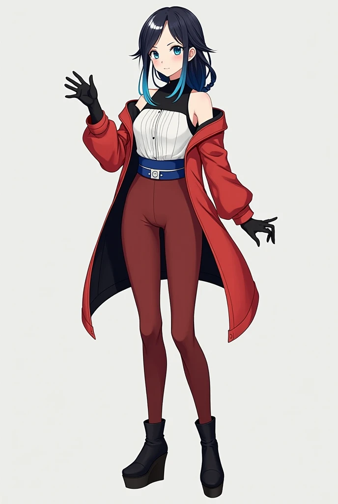 1; Full body; Female; Anime; Body Type: Adult, Lean; Bust Size: Medium; Hair Length: Long; Hair color: Black (#1A1B19) with blue (#001833) ombre, White (#FFFFFF) streak in forelocks; Hairstyle: Low, over the shoulder fishtail braid; Outfit: An off-shoulder...