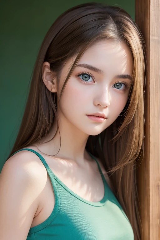 masterpiece,  top quality ,  ultra detail),  Portrait of an 18-year-old woman with light brown hair, Green round eyes,  blue shorts ( Technical Background )  and reading a brown book - Auto Ultra Realistic -  