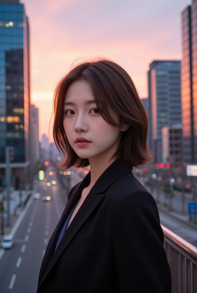 Modern Cityscape at Sunrise: In this scene, the  beautiful Korean woman stands against a backdrop of a modern city skyline at sunrise, where vibrant colors of orange and pink illuminate the towering glass buildings. The photo captures the moment as she gaz...