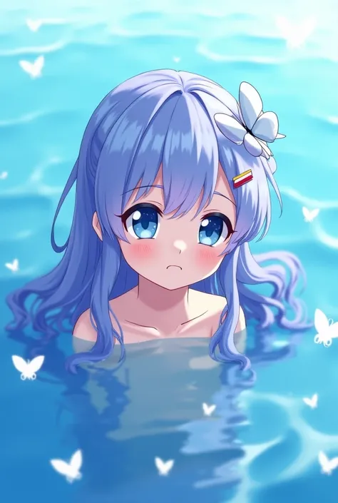 girl, has big eyes , The eyes are dark blue and light blue,Looking ahead ,Second Dimension, The background is the center of the lake ,cute,Long hair, The hair is light blue with light purple ,cute,Butterfly