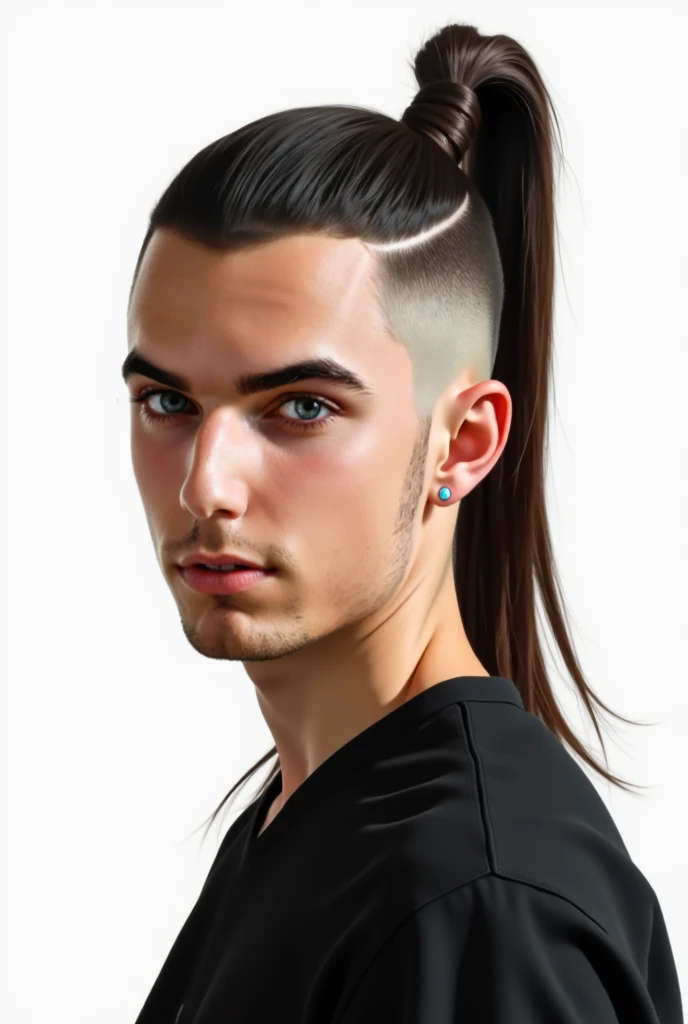 Hair-side is shaved, attractive young italian men with very thin face and a samurai tied knot hair with long tail, his hair sides are shaved, he has dark green eyes, he wears a black shirt. Realistic. Masterpiece, portrait, white background.