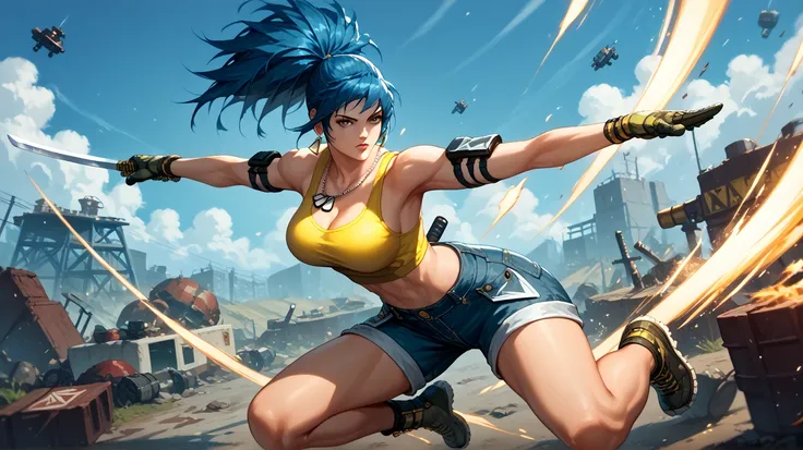 Sexy leona heidern,  Dark blue hair , triangle earrings, dog tags,  on a wasteland, pose sexy,  wearing tight yellow top, with denim shorts, jumping and attacking , vista desde abajo,  explosions everywhere,  using a katana,