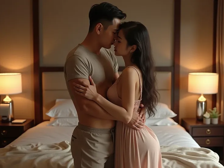 Realistic View Full Body A handsome middle-aged Chinese man wearing shorts and a T-shirt is hugging a busty young Chinese teenage girl in a thin nightgown on the bed in a luxurious room.