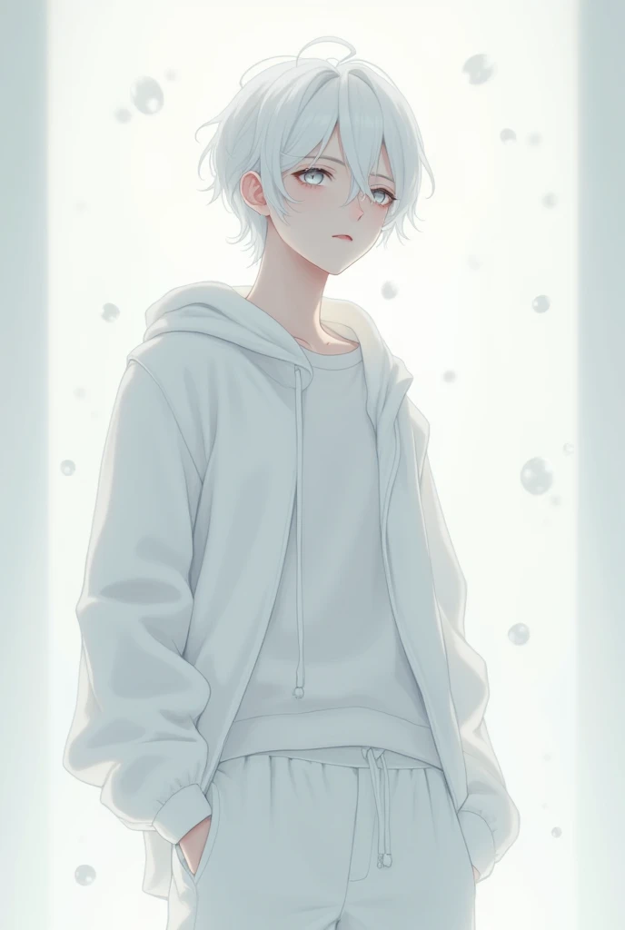 anime teenage boy in white jacket is in jacket white pants white hair white eyes white skin