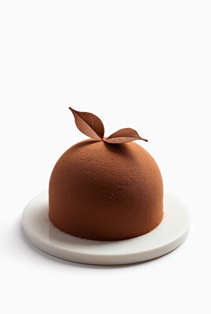  dessert in the shape of a half sphere with a flat top covered completely with cocoa powder with a small leaf-shaped decoration. On a white background without a plate and clean floor 