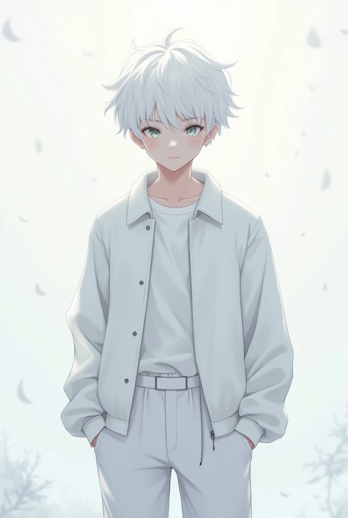 anime teenage boy in white jacket is in jacket white pants white hair white eyes white skin