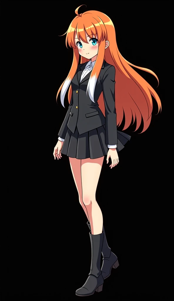 Female Spy X Family-style character created by Tatsuya Endo and designed by the TOHO 2D 8K studio, a young girl with a slender and beautiful full body, long fire-colored orange hair with two highlighted white locks that descend through the front of her hai...