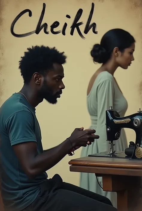 Une affiche de film : Un pauvre couturier noir assis devant sa machine à coudre et une femme noire en robe de marié blanche, distante, qui fait face au couturier. Il est écrit sur laffiche : "Cheikh". Le couturier est mince, le visage imberbe. Il porte un ...