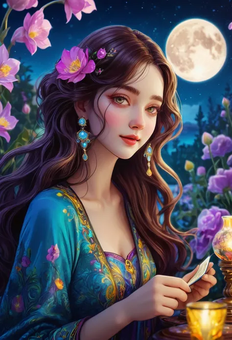 Tarot Cards, beautiful, a girl reading Tarot Cards,Smiling Girl,Beautiful fine details,Detailed lips,Tarot Cards,Ancient Tarot Decks,illustrated Tarot Cards,Vibrant colors,Mysterious atmosphere,Magic Garden,Flowers Bloom,moonlight,Night Sky,Soft glow,Artis...