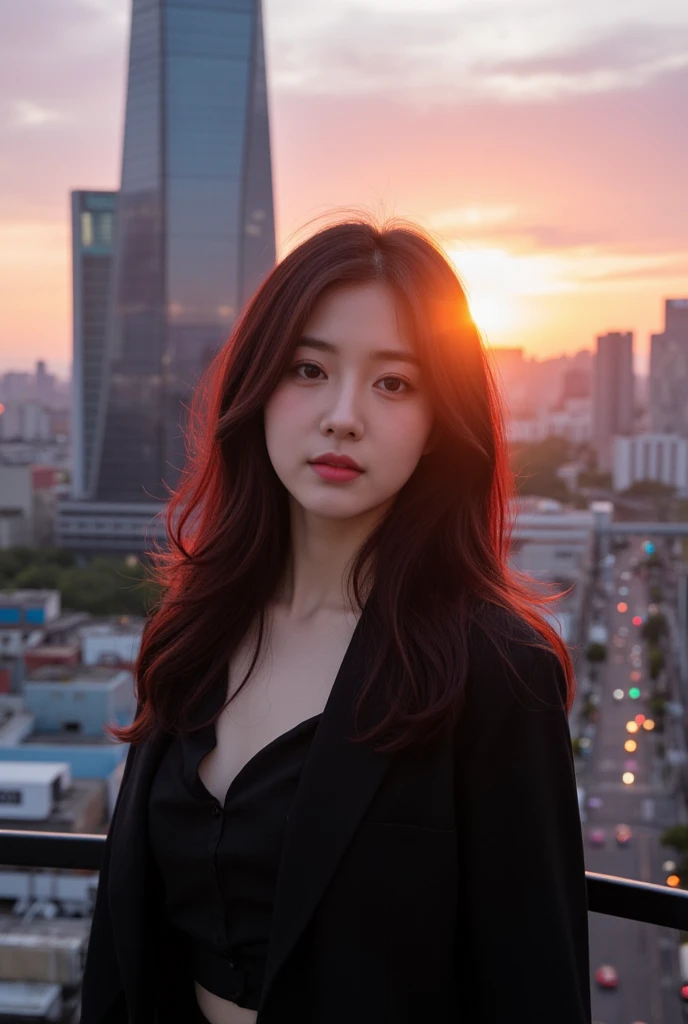 Modern Cityscape at Sunrise: In this scene, the a beautiful Korean woman,slightly  fat,stands against a backdrop of a modern city skyline at sunrise, where vibrant colors of orange and pink illuminate the towering glass buildings. The photo captures the mo...