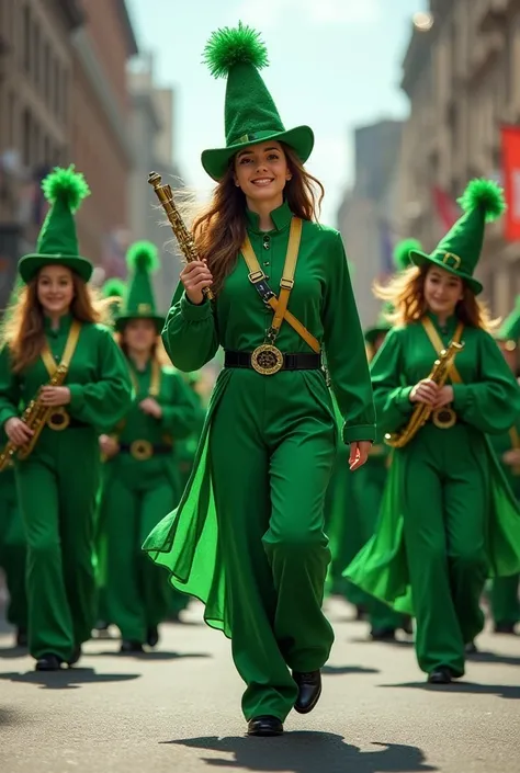 marching band in green and loose clothing with the shamrock