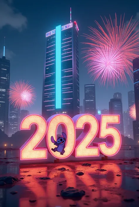 Welcome to 2025，There are numbers 2025 ， with HappyNewYear font ，There is 101 building， and colorful fireworks with Disney Stitch