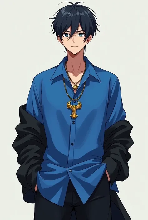  Anime man aged 20 wearing a blue dalem shirt and wearing a long black shirt. Use a reverse dantopi necklace