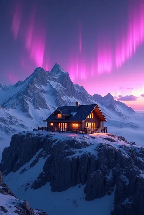 Nordic house on a ,  mountain with starry skies with a purple aurora borealis 