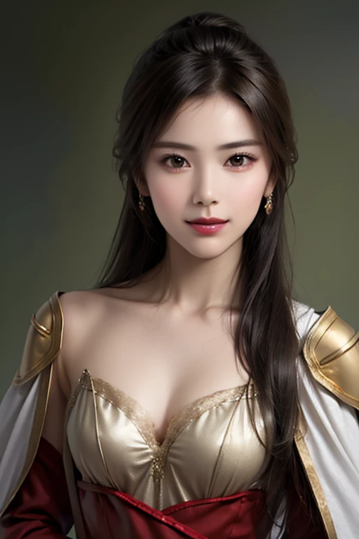 ((The upper body of a female warrior wearing gold and red light armor and a cloak:1.5)),1 person,  black hair,  belly shortcut   ,Big breasts and cleavage,  high-definition face and skin texture  ,  staring at the camera,   Chinese Warrior:1.2,  perfect be...