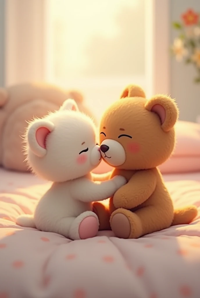 Kitten and teddy bear kissing on the bed very cute and in love