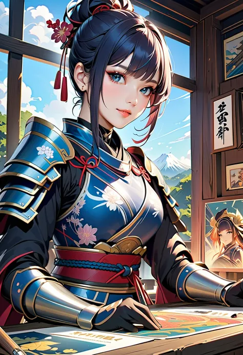 masterpiece、 top quality 、 very detailed、 detailed 4K artwork 、Gloss、Sparkle、白いGlossとSparkle、smile、 Detailed Portrait of a Young Female Samurai in Silver Blue Japanese Armor, close,  Art Station by Chen Weipan , Jean J.,  Complex Fantasy Art ,  Stunning Ch...