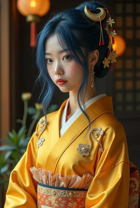 New Years black 、Golden kimono。 hair color 、in navy blue、 up to indicate a crescent moon hairpin。 with MYO letters on the chest of the kimono 。New Years atmosphere 。