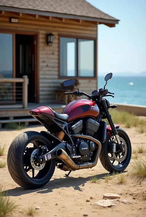 4. Beach House with a motorbike: Sport super dark cherries bordó heavy metalic with black stripes colors 2020 OCC American chopper Spider bike with Black advertising stickers on the motorbike, A seaside house with a wooden deck and ocean views, with a moto...