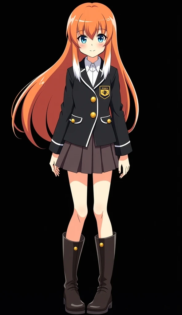 Female character in the style of Spy X Family created by Tatsuya Endo and designed by the TOHO 2D 8K studio, a young girl with a slender and beautiful full body, long fire-colored orange hair and very smooth with two highlighted white locks that descend th...