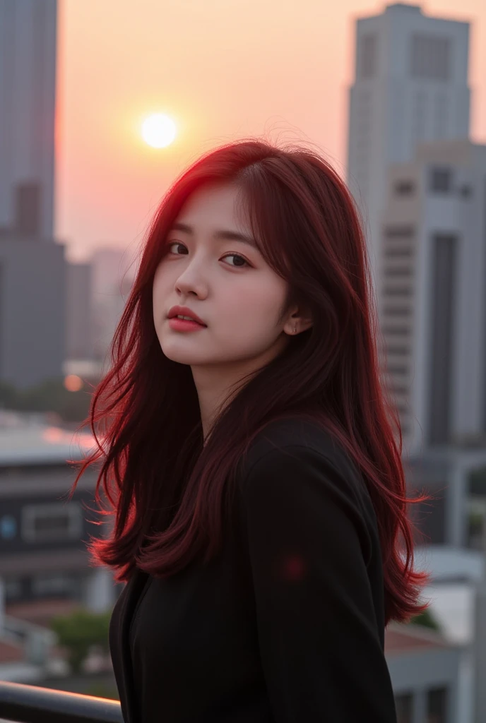 Modern Cityscape at Sunrise: In this scene, the a beautiful Korean woman,slightly  fat,stands against a backdrop of a modern city skyline at sunrise, where vibrant colors of orange and pink illuminate the towering glass buildings. The photo captures the mo...