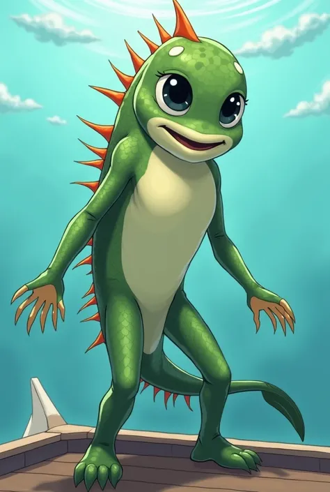 A female humanoid fish creature, with green scales but cream colored skin on her torso, a fish-like head with wide dark eyes, webbed hands and feet, a long tail, and orange webbed spines along her head and back to her tail, standing on a boat, in full view...