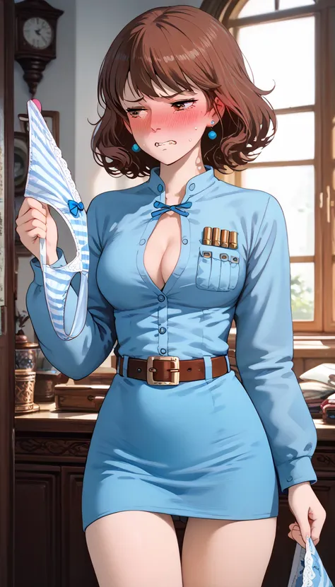  (fully clothed:1.5)(cleavage ,open shirts:0.9)(narrowed eyes:1.7) style style source_ anime anime_ coloring (Nausicaa,1girl,brown hair,　medium hair,　brown eyes, breasts, Nausicaa,1girl,brown hair,　medium hair,　brown eyes, breasts, earrings, (light blue dr...