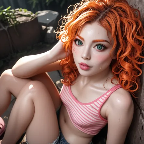 Dark souls realistic photo. Petite girl, pale skin, 18 years old, wavy hair, fiery orange hair, messy hair, shoulder-length hair, soft skin. Fragile body, petite proportions, youthful body. 155cm height. Blush. Cute cheeks. Green eyes. Dark-orange eyebrows...