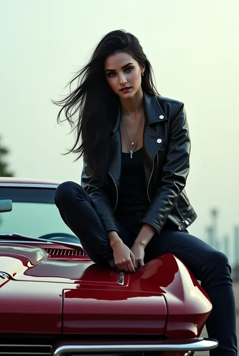 Black-haired girl sitting on the hood of a Corvette 