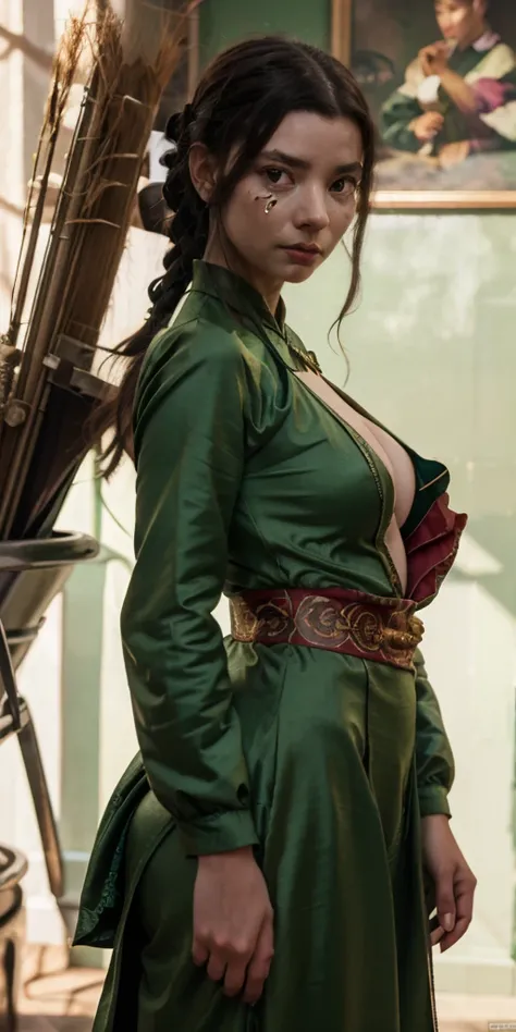 (( full body)), samdoesarts style award winning  full body portrait of a beautiful woman, (( perfect female face)),((Ancient Chinese green clothing)), ((Green costumes of Peking Opera)), ( long sleeves) viewpoint, complex, ( beautiful eye detail , elongate...