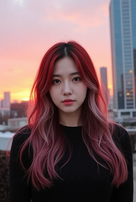 Modern Cityscape at Sunrise: In this scene, the a beautiful Korean woman,slightly  fat,stands against a backdrop of a modern city skyline at sunrise, where vibrant colors of orange and pink illuminate the towering glass buildings. The photo captures the mo...