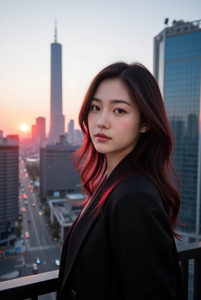 Modern Cityscape at Sunrise: In this scene, the a beautiful Korean woman,slightly  fat,stands against a backdrop of a modern city skyline at sunrise, where vibrant colors of orange and pink illuminate the towering glass buildings. The photo captures the mo...