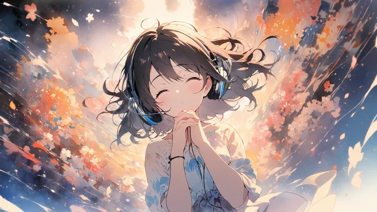  1 woman, black hair, hands clasped in awe ,  urban and cherry blossom background 、listen to music、 open your eyes、 headphones（watercolor）（Blurred outline）（ bright colors）（ very delicate lines）（masterpiece）（ wonderful atmosphere ）（Very high quality ）（Three...