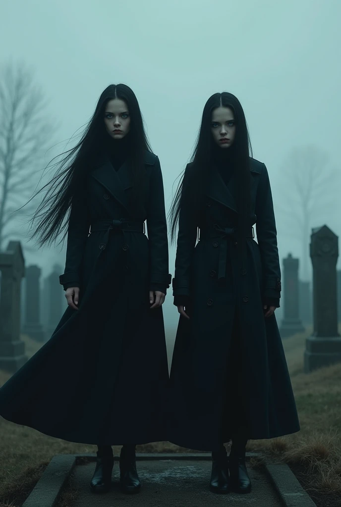 twins with long black hair, blue eyes, black trench coat,contemplation in front of a grave,sadless, sadless 