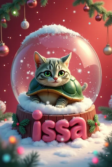  An art with a red background and Christmas decorations , In the center there is a snow globe that has a cute cat in the shell of a turtle with green eyes,  in front of the cat are the pink letters of the name Issa and snow below . In the lower part there ...