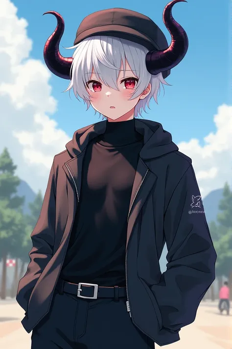 An anime-style human boy with white hair combined with cream-colored skin with black clothes and a jacket in the open, a hat with a calf and some black horns as an accessory