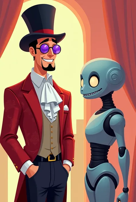 Create an image in the style of Hanna-Barbera of a man resembling Matt Bomer with a goatee, a white ruffled shirt, a red damask jacket, a top hat, dark pants, and round sunglasses with purple lenses, talking to a friendly robot