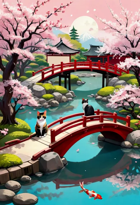 (Cute little tortoiseshell cat), Pop Art, Calligraphic, Vaporwave, serene Japanese garden during spring, pink cherry blossoms falling gently into a koi pond, and a red wooden bridge in the background.
