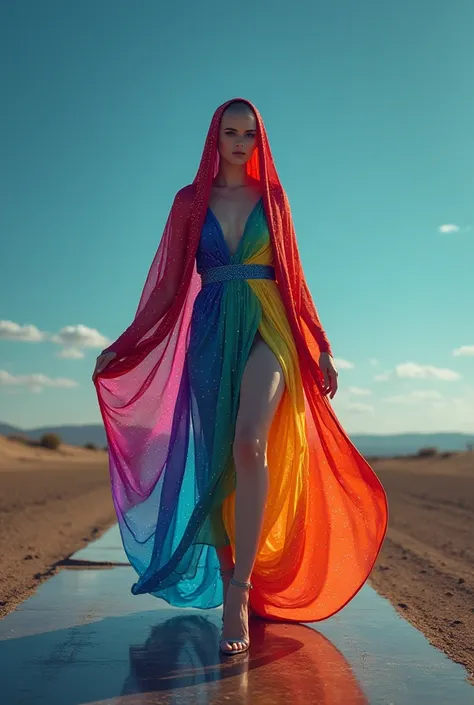 tall bald woman ,  she wears a long dress inspired by the rainbow,  the fabric is made of cosmic dust  , high heels,  wears a robe of cosmic dust ,  walking on a lonely runway ,, 4k image,  Realistic image, HD image,  the fabric is moved by the wind ,  wea...