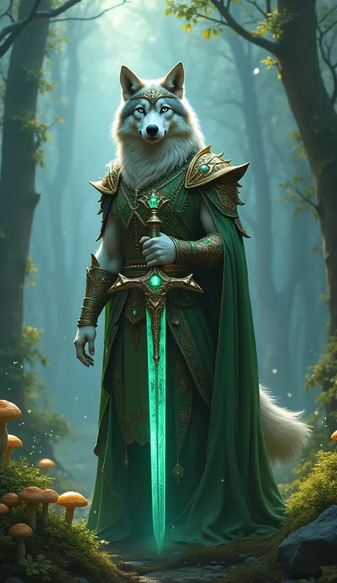 A noble anthropomorphic wolf depicted as a king, standing tall in an enchanted forest filled with glowing plants, towering ancient trees, and ethereal mist. The wolf has sleek silver fur, sharp blue eyes, and a commanding presence. He wears an intricately ...