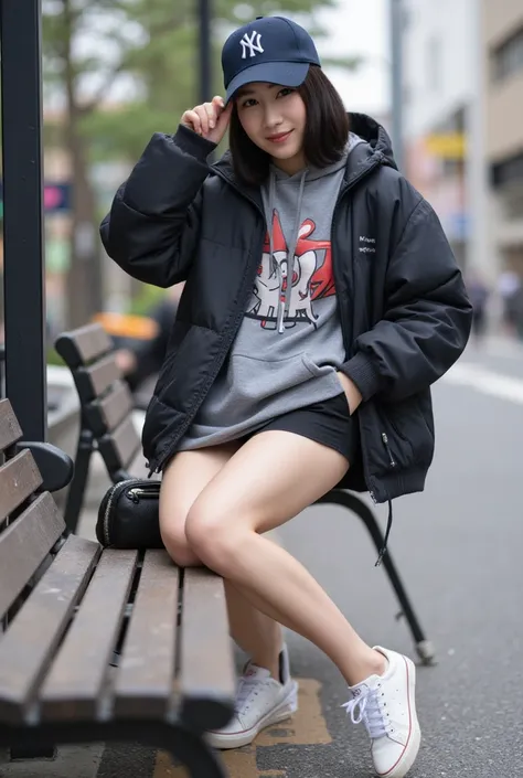  Japanese beautiful actress、 beauty、Black Bob Hair、baseball cap of Yankees、 wearing a down jacket over shirts、Big Breasts、miniskirt、 Bare legs、 beautiful feet、 sneakers、 having a hand in her pocket、 downtown of Tokyo、full body、masterpiece、 top quality 、 su...