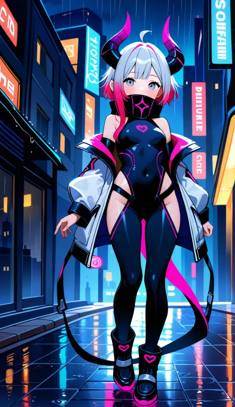 portrait, 1 demon girl, beautiful face, beautyful horns, asymmetrical hair, multi-colored hair, belt, bodysuit, covered mouth, covered navel, detached sleeves, grey eyes, hip vent, open jacket, cute, look at viewer, night city, neon, rainy, full body